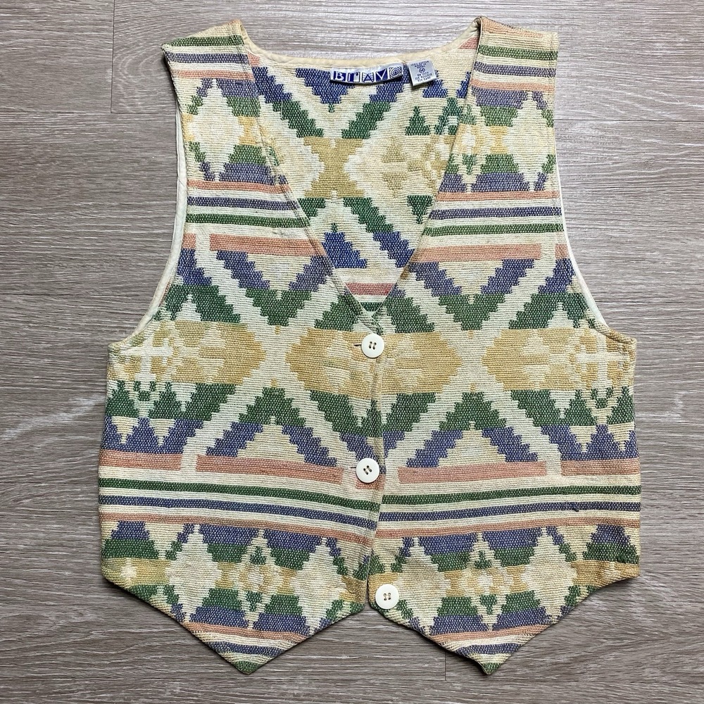 Vintage Knit Southwestern Aztec Vest Women's M Multicolor Cotton Tapestry Concho